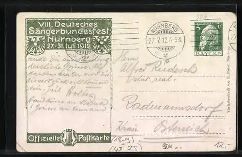 AK Nürnberg, VIII. Deutsches Sängerbundfest 1912, Burg zu Nürnberg, Harfe, Wappen, Ganzsache Bayern