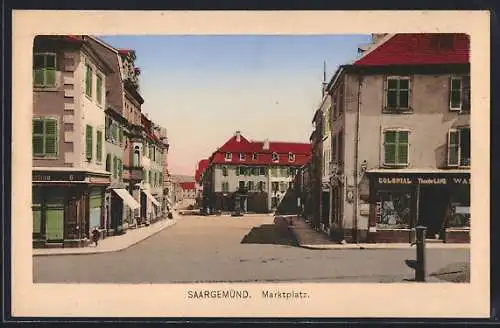 AK Saargemünd, Colonialwaren Theodor Lang am Marktplatz