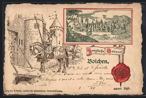 Lithographie Bolchen, Ritter vor der Zugbrücke, mittelalterliche Ortsansicht