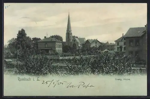 Mondschein-AK Rombach i. S., Blick zur Evangelischen Kirche