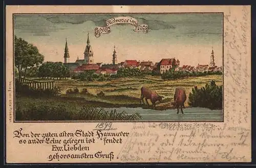 Lithographie Hannover, Teilansicht mit Kirche und Rindern