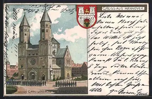 Lithographie Hannover, Vor der Garnisonkirche am Sonntagmorgen, Wappen