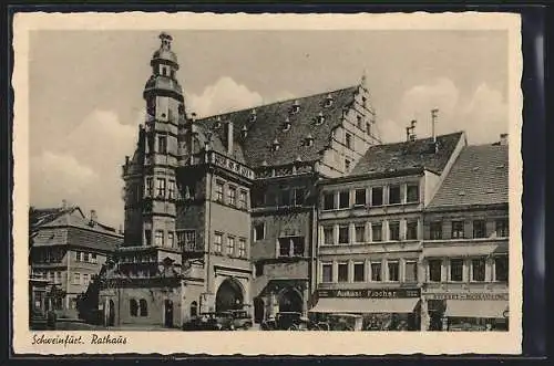 AK Schweinfurt, Rathaus mit Geschäft von August Fischer