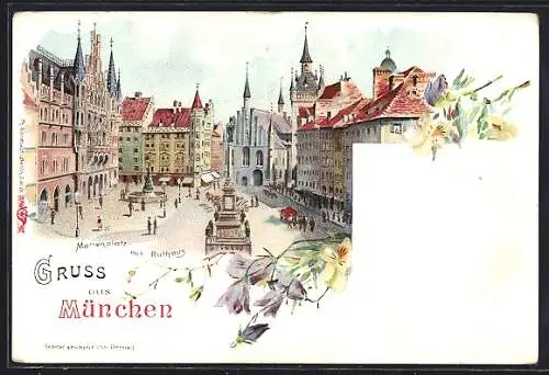 Lithographie München, Marienplatz mit Rathhaus, Denkmal, Brunnen