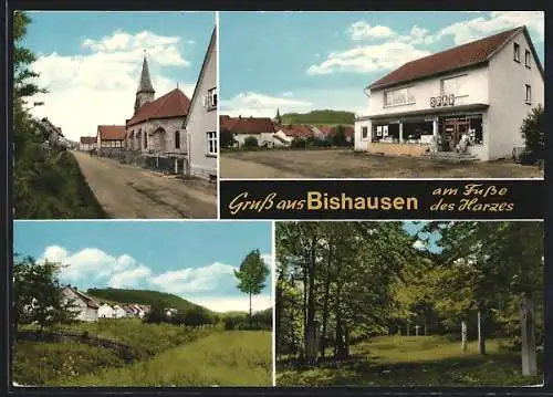 AK Bishausen /Harz, Spar Markt, Strassenpartie mt Kirche, Ortsansicht