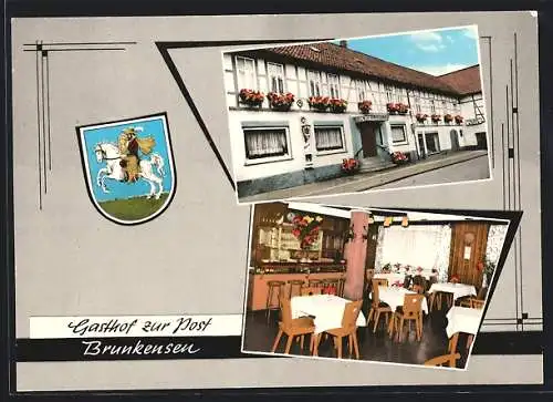 AK Brunkensen, Innen- und Aussenansicht vom Gasthof Zur Post mit Wappen
