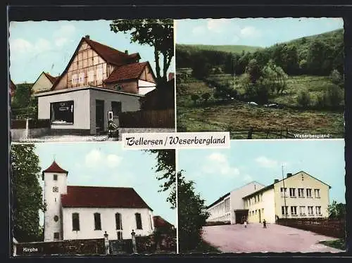 AK Bellersen /Weserbergland, Bäckerei Meissner, Kirche, Strassenpartie