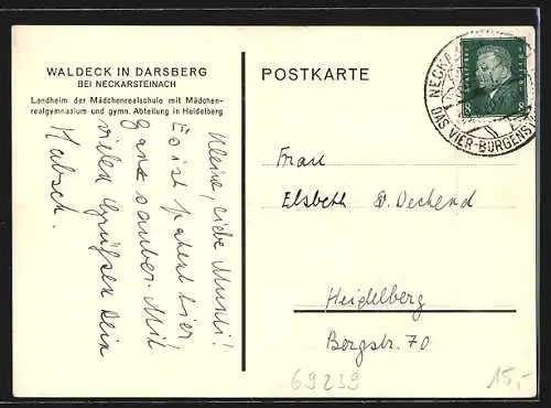 Künstler-AK Waldeck in Darsberg, Landheim der Mädchenrealschule