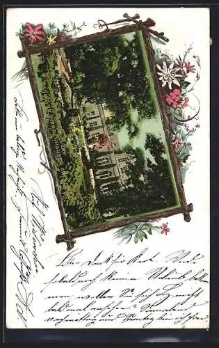 Lithographie Hannover, Die Herrenhauser Anlagen, im floralen Passepartout