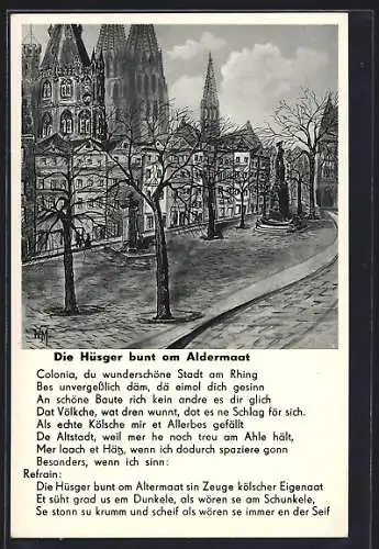 Künstler-AK Köln a. Rh., Der alte Markt im Herbst mit Blick zum Dom, Gedicht Die Hüsger bunt om Aldermaat