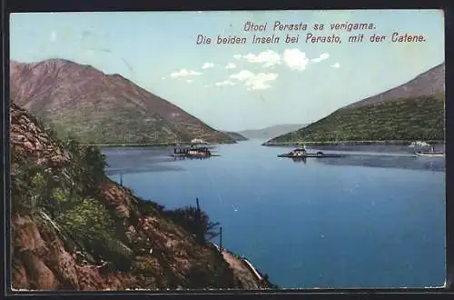 AK Perast / Perasto, die beiden Insel mit der Catene, Otoci sa verigama