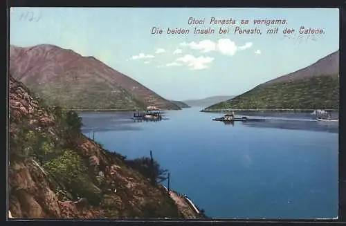 AK Perast / Perasto, die beiden Insel mit der Catene, Otoci sa verigama