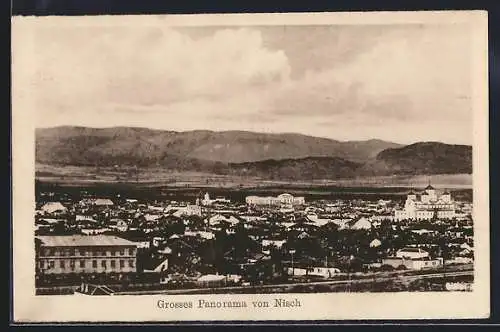 AK Nisch, Ortsansicht mit Kirchen und Bergpanorama