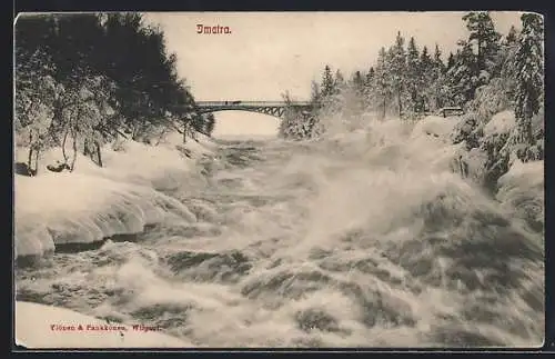 AK Imatra, stürmischer Fluss in Winterlandschaft mit Brücke
