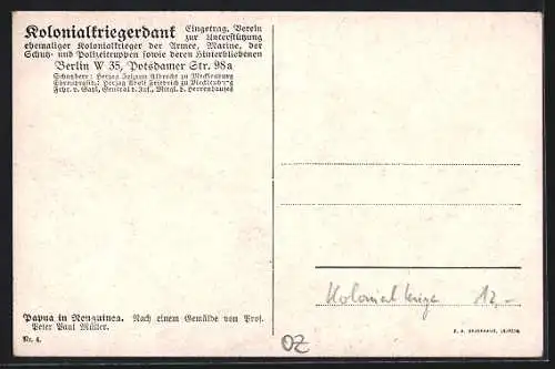 Künstler-AK Papua, Eingeborener an einer Hütte