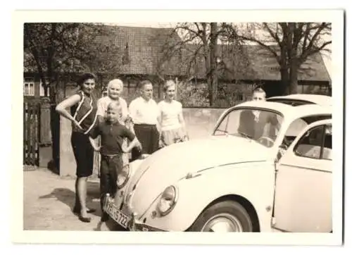 3 Fotografien Schacht, Sohren, Auto VW Käfer, Familie mit Volkswagen PKW