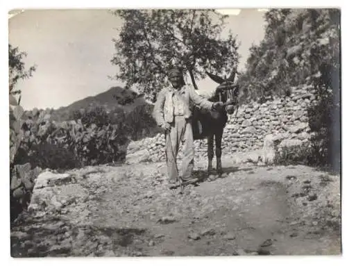 13 Fotografien unbekannter Fotograf, Ansicht Taormina, Strassenpartie, Bauer mit Esel, Terrasse San Domenico, Ciostro