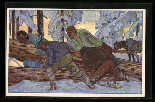 AK Schweizer Bundesfeier 1920, Männer bei Holzarbeiten im Wald