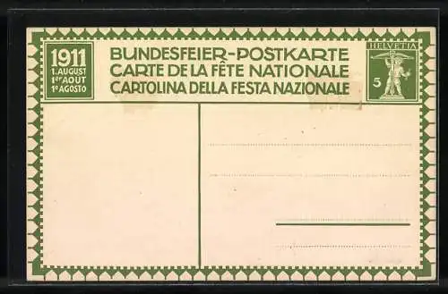 Ganzsache-AK Schweizer Bundesfeier 1911, Reiter fällt vom Pferd, Männer mit Speeren