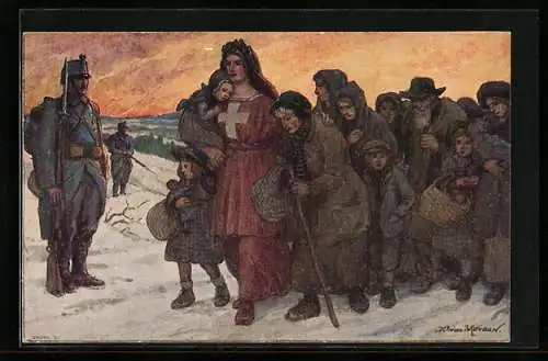AK Schweizer Bundesfeier 1915, Helvetia mit einer Flüchtlingsgruppe im Schnee