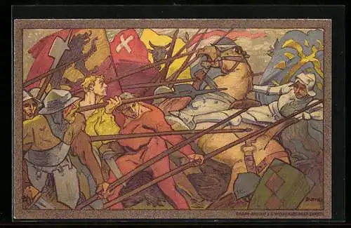 Ganzsache-AK Schweizer Bundesfeier 1911, Reiter fällt vom Pferd, Männer mit Speeren