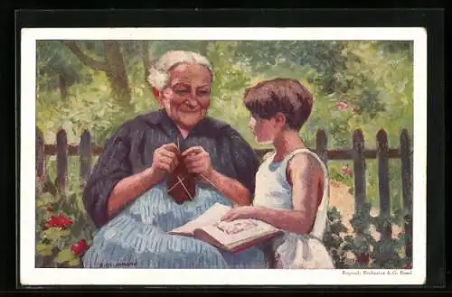 AK Schweizer Bundesfeier 1928, Für das Alter, Grossmutter strickt