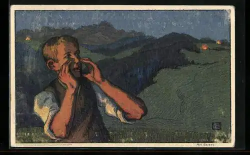 Künstler-AK Schweizer Bundesfeier 1926, Junge hält die Hände an den Mund und ruft ins Tal