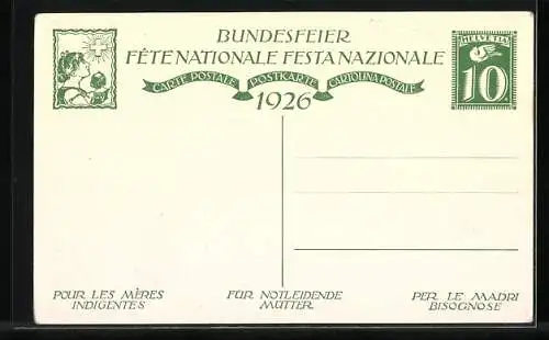 Künstler-AK Schweizer Bundesfeier 1926, Junge hält die Hände an den Mund und ruft ins Tal