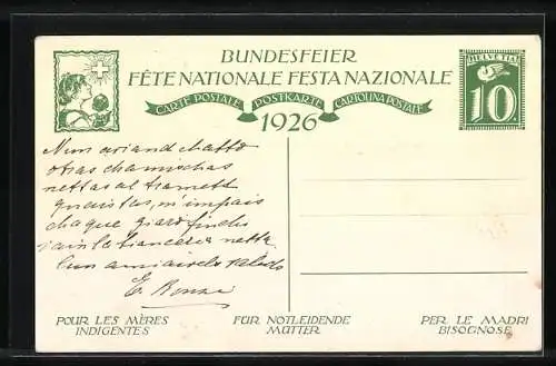 Künstler-AK Schweizer Bundesfeier 1926, jodelnder Knabe