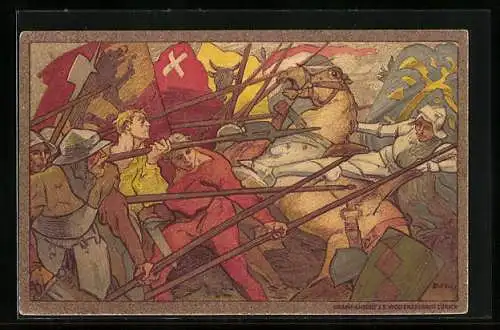 Ganzsache-AK Schweizer Bundesfeier 1911, Männer im Kampf mit Waffen, Reiter fällt vom Pferd