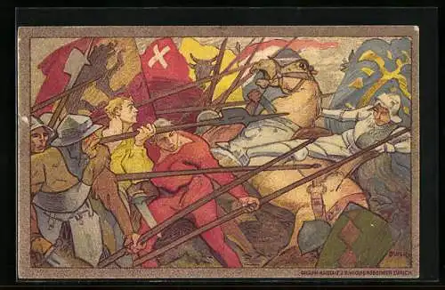 Ganzsache-AK Schweizer Bundesfeier 1911, Reiter fällt vom Pferd, Männer mit Speeren