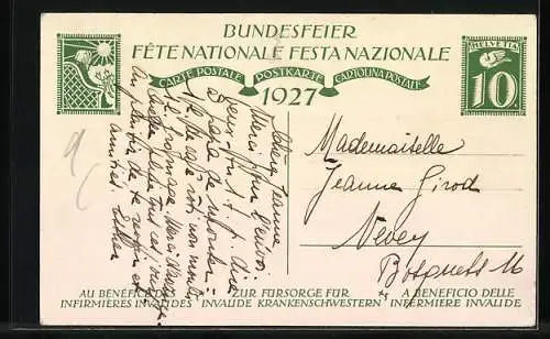 Künstler-AK Schweizer Bundesfeier 1927, Krankenschwester am Krankenbett