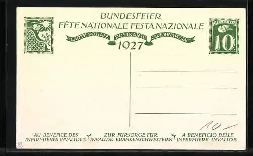 Künstler-AK Schweizer Bundesfeier 1927, Krankenschwester am Krankenbett