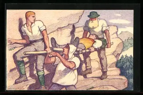Ganzsache-AK Schweizer Bundesfeier 1921, Männer transportieren einen verletzten Mann auf einer Trage den Berg hinab