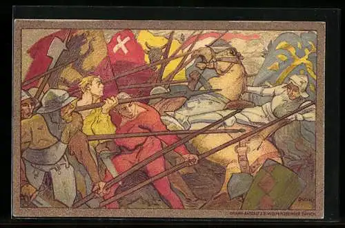 Künstler-AK Schweizer Bundesfeier 1911, Szene aus einer Schlacht