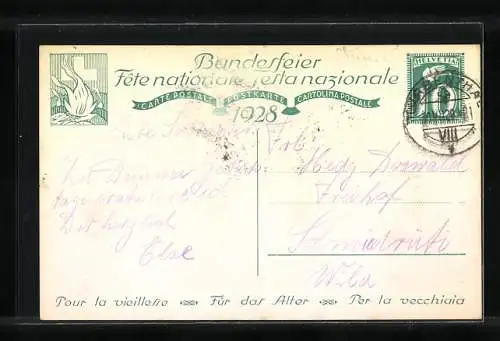 AK Schweizer Bundesfeier 1928, Für das Alter, Grossmutter strickt