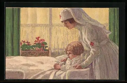 AK Rotkreuzschwester mit Kind beim Gebet