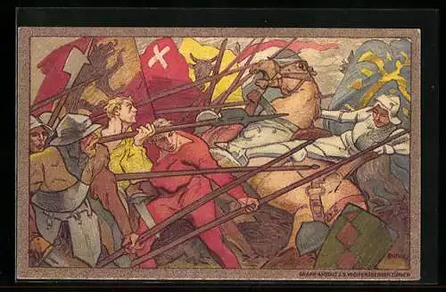 Ganzsache-AK Schweizer Bundesfeier 1911, Männer im Kampf mit Waffen, Reiter fällt vom Pferd