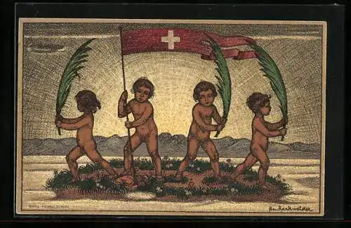 Künstler-AK Schweizer Bundesfeier 1916, nackte Buben mit Flagge und Palmenwedel