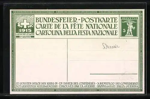 Künstler-AK Schweizer Bundesfeier 1915, Flüchtlinge werden von Helvetia behütet