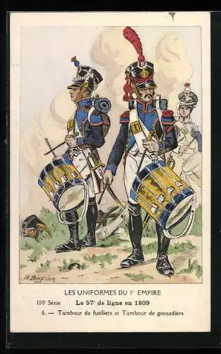 Künstler-AK Les Uniformes du Ier Empire, Le 57e de Ligne en 1809, Tambour de fusiliers et de grenadiers