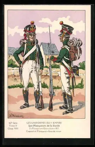 Künstler-AK Les Uniformes du Ier Empire, Les Flanqueurs de la Garde, Caporal et Flanqueur