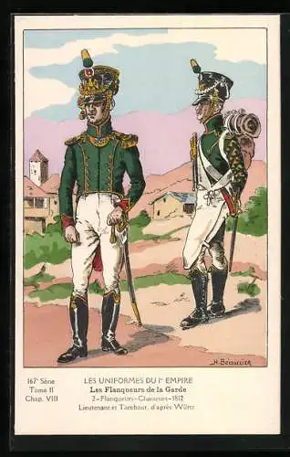 Künstler-AK Les Uniformes du Ier Empire, Les Flanqueurs de la Garde, Flanqueurs-Chasseurs, Lieutenant et Tambour