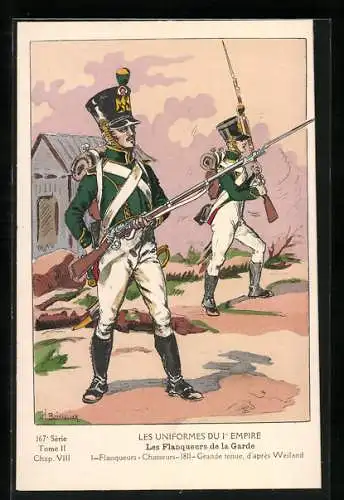 Künstler-AK Les Uniformes du Ier Empire, Les Flanqueurs de la Garde, Flanqueurs-Chasseurs