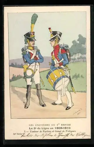 Künstler-AK Les Uniformes du Ier Empire, Le 3e de Ligne en1809-1810, Tambour de Fusiliers