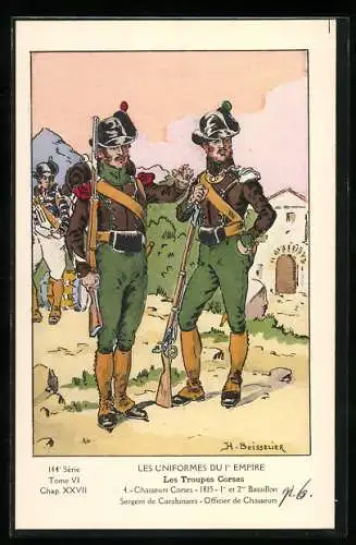 Künstler-AK Les Uniformes du Ier Empire, Les Troupes Corses, Chasseurs Corses, 1er et 2me Bataillon, Sergent et Officier