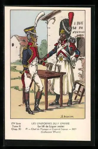 Künstler-AK Le 18 de Ligne, Chef de Musique et Caporal-Sapeur