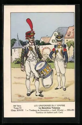 Künstler-AK Le Bataillon Valaisan, Tambour de Grenadiers, Tambour de fusiliers