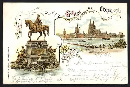 Lithographie Köln, Uferpartie mit Dom, Kaiser-Wilhelm-Denkmal