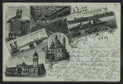 Mondschein-Lithographie Köln, Saal im Gürzenich, Festsaal, Schiffbrücke und Deutz, Eisenbahnbrücke, Hauptbahnhof